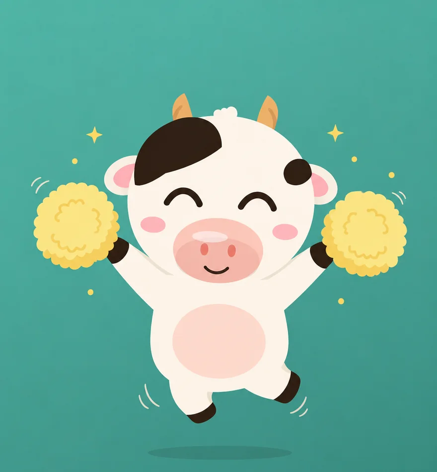 Moo cheering with pom-poms