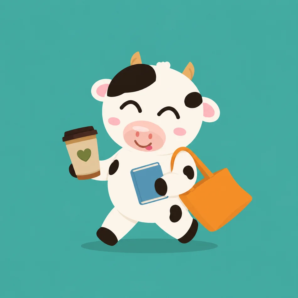 Moo walking with coffee and a bag