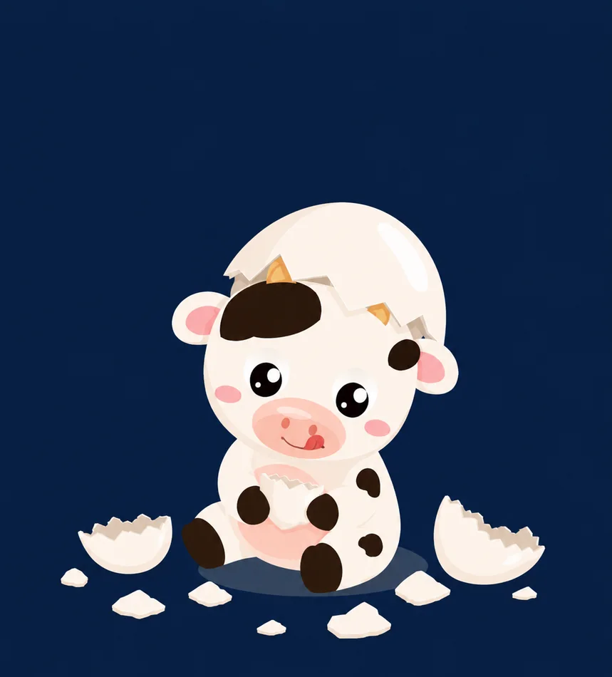 Moo peeking out of an eggshell