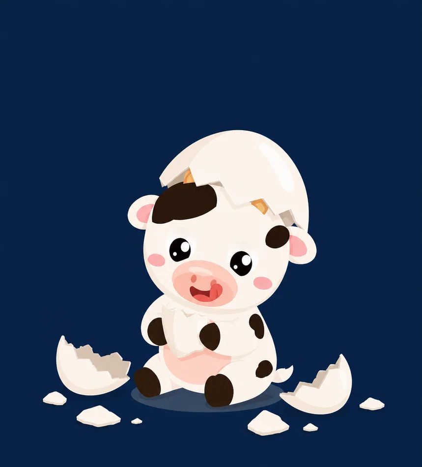 A baby Moo hatching from a cracked egg