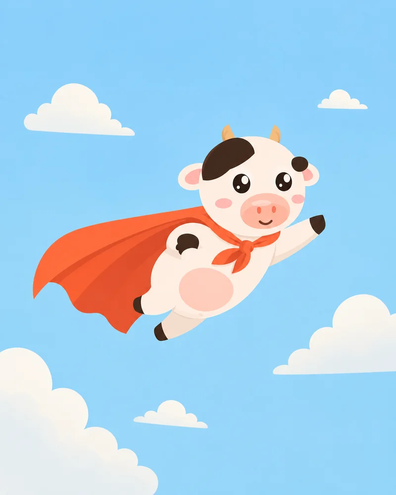 SuperMoo flying through a blue sky in a cape