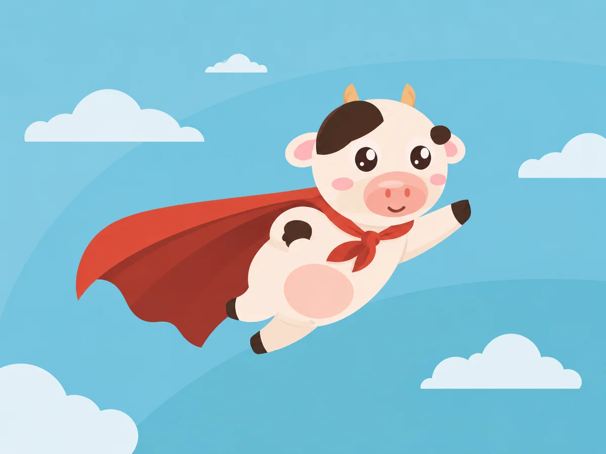 SuperMoo flying through a blue sky in a cape