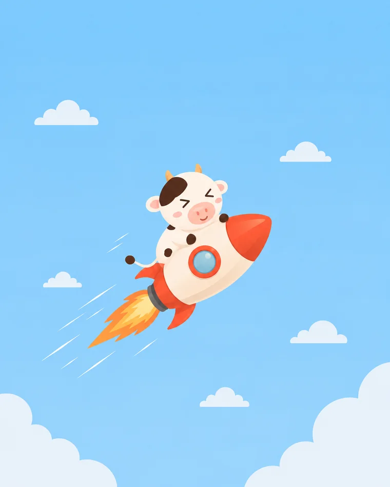 Moo riding a rocket through the sky