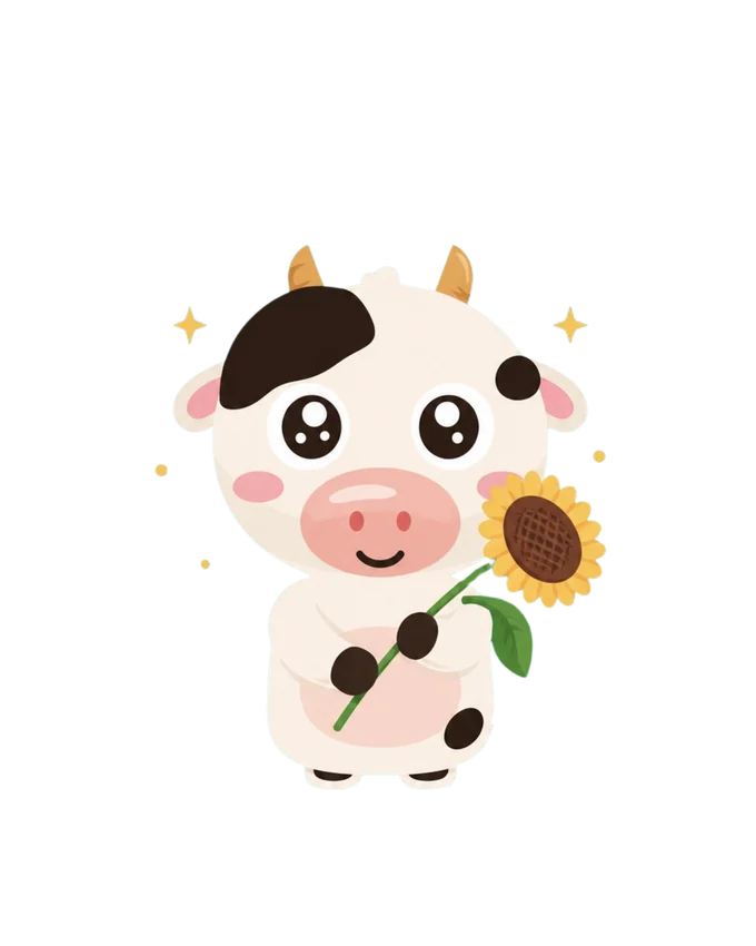 Moo, a cute cartoon cow, holding a sunflower